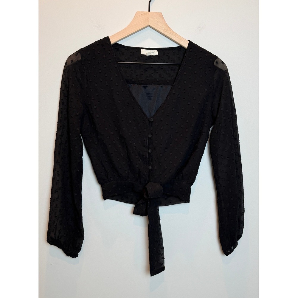 Sim & Sam S Cropped Sheer Swiss Dot Button Front Tie Top Black Sheer Romantic‎